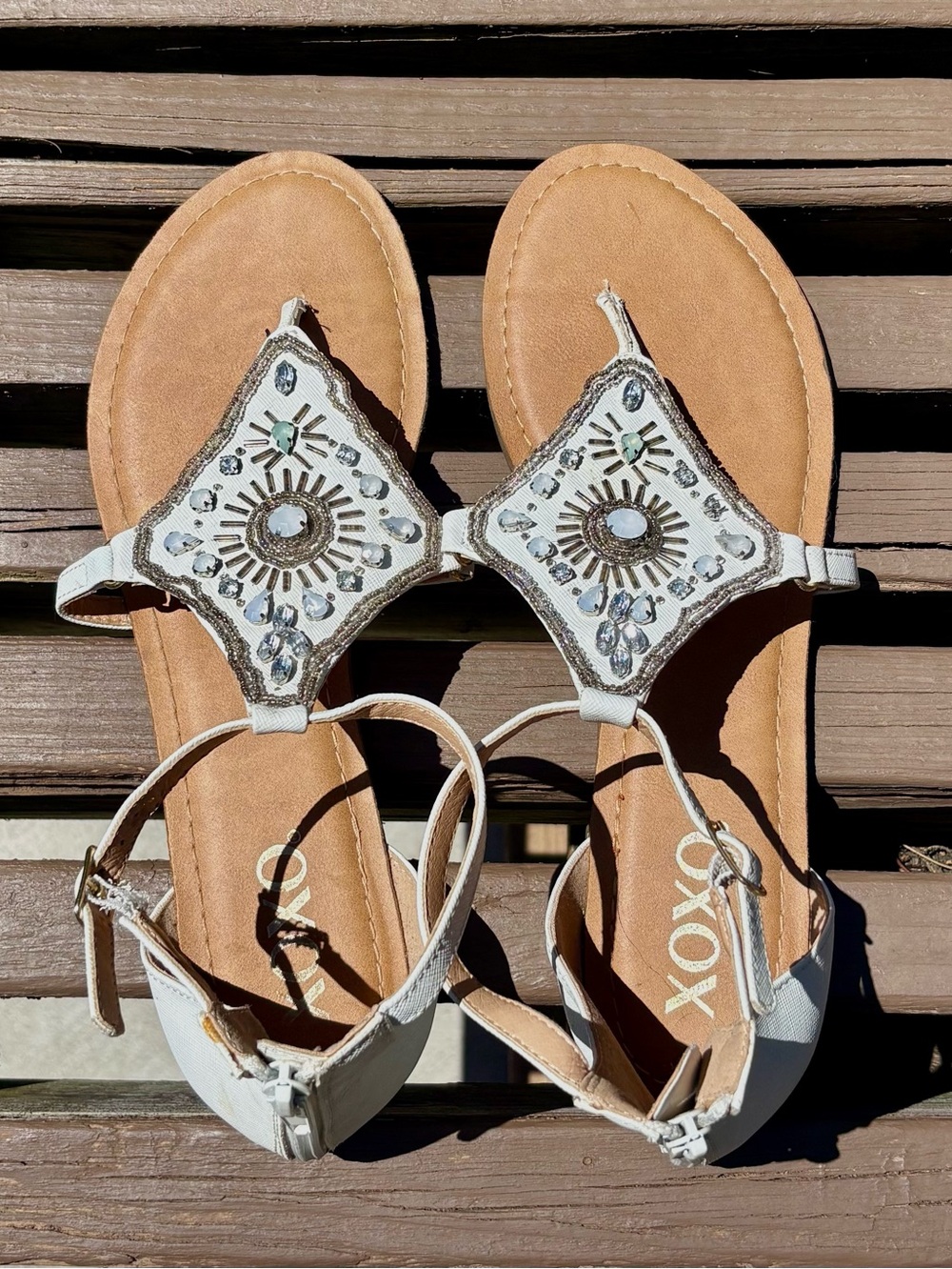 XOXO White Jeweled T-Strap Sandals SZ 11